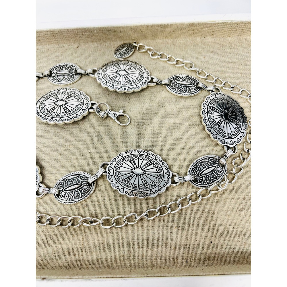 Western Silver Concho Chain Belt Adjustable Boho Sunburst Medallion Accessory - Picture 4 of 5
